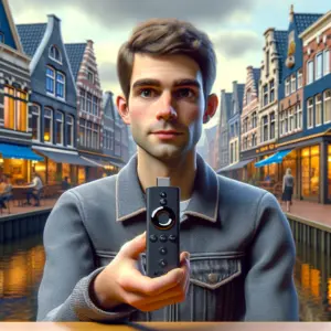 Amazon Fire Stick 4K met IPTV-app op tv-scherm, toont livestreams en on-demand content via internetprotocol televisie