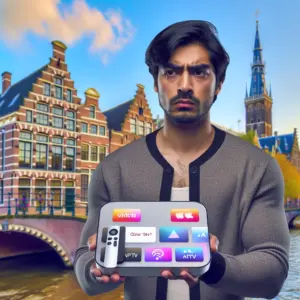 Apple TV 3 met IPTV-dienst op het scherm, toont live kanalen en streaming opties voor IPTV op Apple TV 3