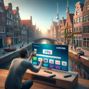IPTV-app downloaden op Samsung Smart TV via app store interface met installatie-instructies
