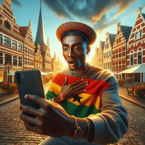 Persoon gebruikt IPTV Ghana-dienst op smart TV, genietend van Ghanese zenders en live-uitzendingen thuis