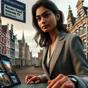 Persoon die iptv gratuito streamt op een smart TV, met verschillende kanalen en gratis streaming-opties zichtbaar op het scherm