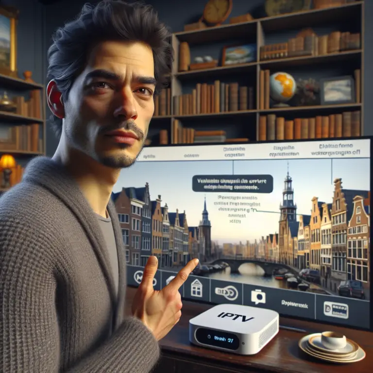 Smart TV met IPTV server interface toont streaming kanalen en menu op een modern scherm in de woonkamer