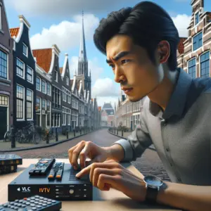 IPTV VLC Media Player interface toont streaming kanalen en afspeelknoppen voor live televisie