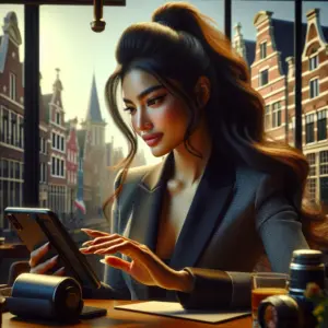 Persoon kijkt naar show IPTV op smart TV met afstandsbediening, verschillende streamingkanalen zichtbaar op het scherm
