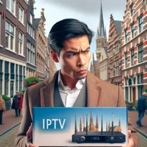 Persoon bekijkt top IPTV reviews op tablet met verschillende streamingdiensten en beoordelingssterren op het scherm