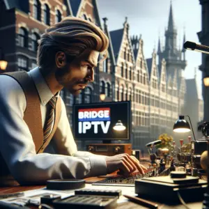 Bridge IPTV streaming interface met kanaaloverzicht en media-afspeeloptjes op moderne televisie