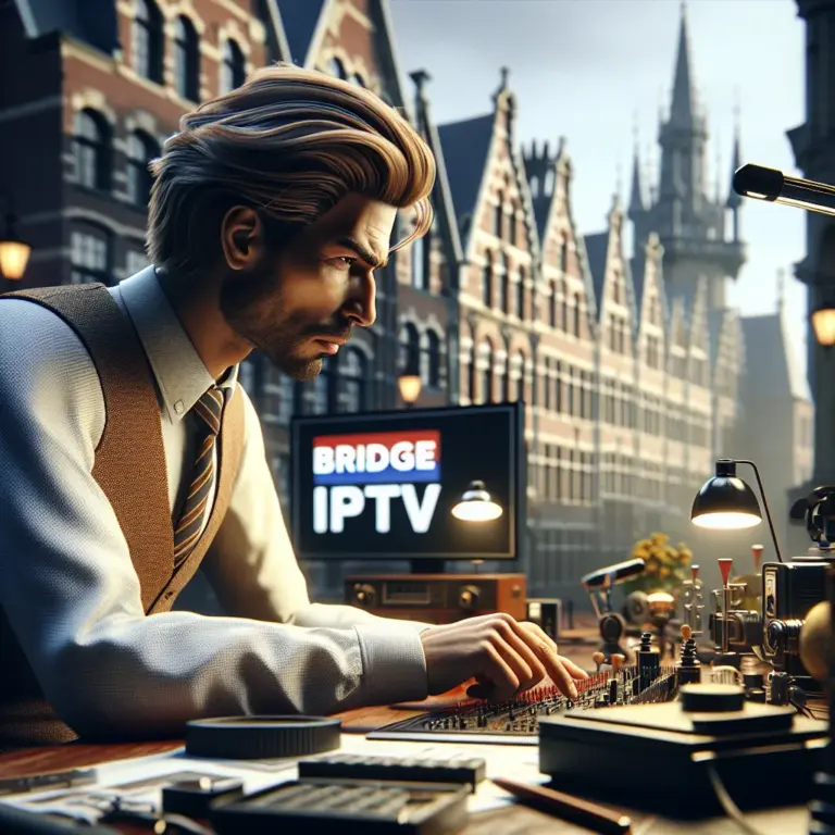 Bridge IPTV streaming interface met kanaaloverzicht en media-afspeeloptjes op moderne televisie