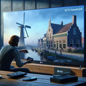 IPTV Smarters Pro app interface op LG TV scherm met mediaspeler en kanaallijst weergave